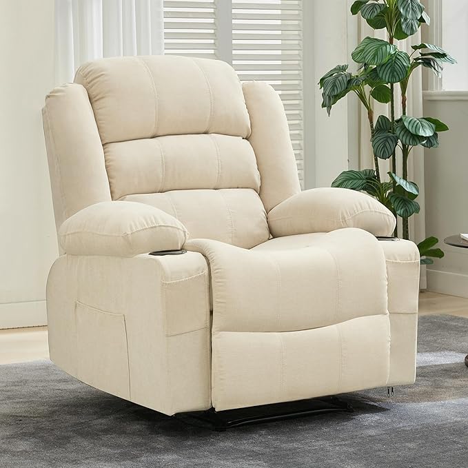 Large Recliner Chair for Adults Manual Pull Tab Reclining Chair with Cup Holders 3-Position Recliner Sofa for Living Room Overstuffed Single Sofa Chair Supports 350 Lbs