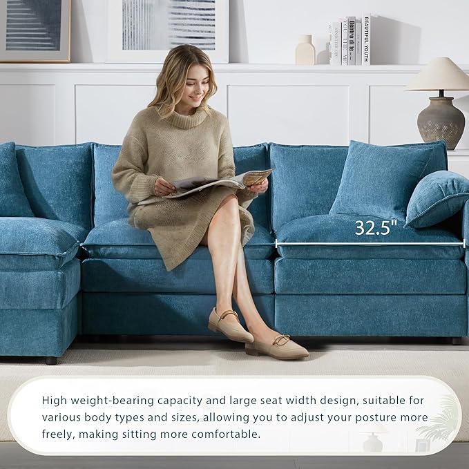 Modular Sectional Sofa 103.5 Inch L Shaped Couch for Living Room 4-Seater Comfy Chenille Cloud Couches with Movable Ottoman (Light Blue)