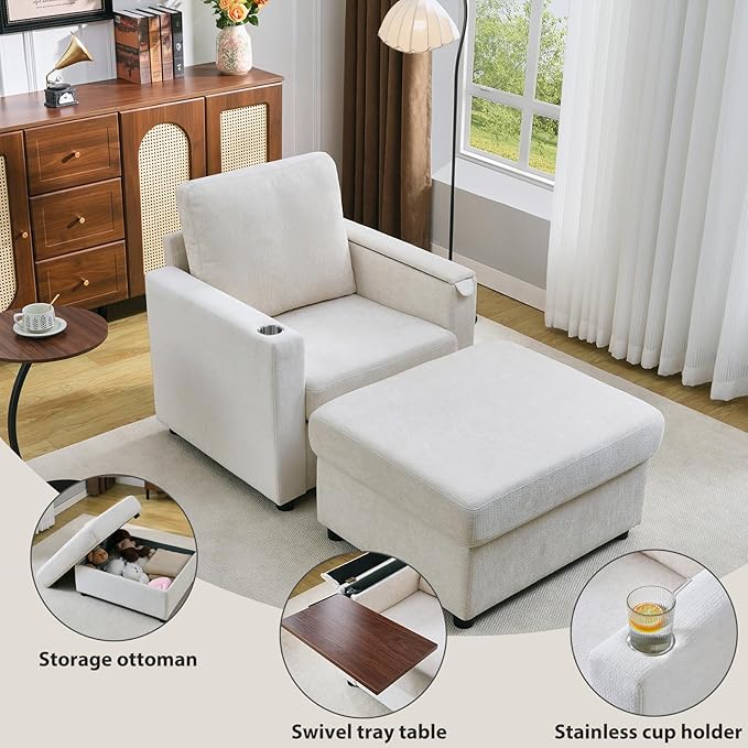 Modern Accent Chairs with Storage Ottoman Set Comfy Chenille Reading Armchair with Tray Table and Charging Port Chaise Lounge Chair for Living Room Bedroom Study Apartment Beige