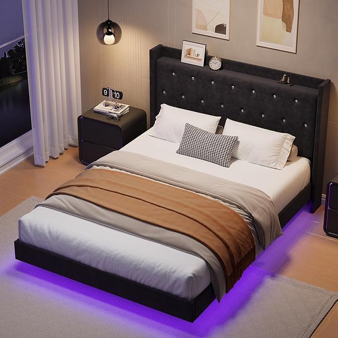 IDEALHOUSE Full Size Bed Frame with LED Lights Floating Platform Bed with Velvet Upholstered Storage Headboard No Box Spring Needed Noise Free Easy Assembly