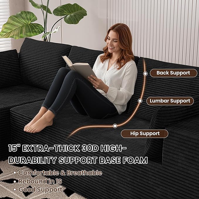 106 Cloud Sectional Boneless Couches for Living Room Modular U Shaped Couch with Deep Seat Removable Ottoman Memory Foam Compressed Spineless 4 Seater Sofa for Bedroom Apartment Black