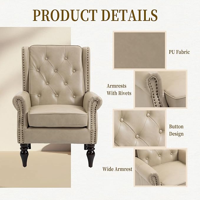 Brown Leather Accent Chair with High Back Vintage Tufted Wingback Chair with Arms &amp Rivet Upholstered Armchair &amp Single Sofa Chairs for Living Room Bedroom Office Apartment (Beige)