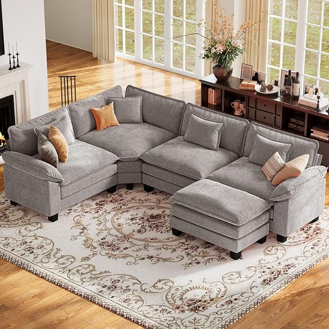 CDCASA 117 Oversized Modular Sectional Sofa with Corner Comfy L-Shaped Cloud Couch w/Ottoman 5-Seater Chenille Deep Seat Modern Sofa Couch for Living Room DIY Combination Grey