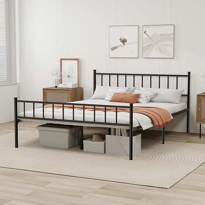 Metal Platform King Bed Frame with Headboard Sturdy Steel Slats Support No Box Spring Needed Easy Assembly Black