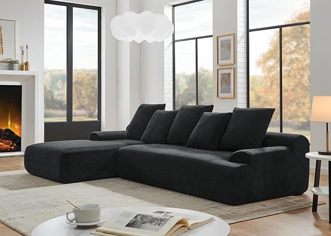 Modular Sectional Sofa Boneless Couch 110'' Comfy Velvet L-Shape Cloud Couch with Deep Seat Modern Minimalist Upholstered Compressed Sofa Cloud Sectional Couches for Living Room Black