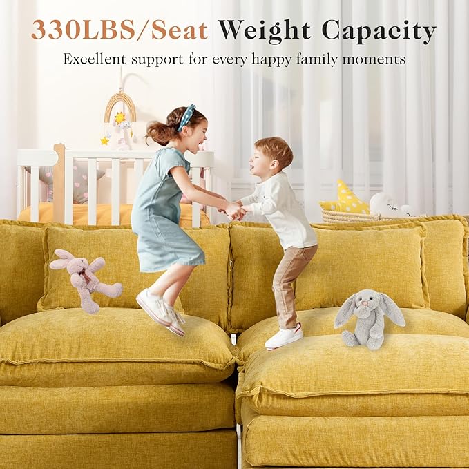 Modular Sectional Sofa 119 L Shaped Couch Set with Movable Ottoman Chenille Comfy Cloud Couch Sectional Set Extra Deep Seat Sofa with 3 Pillows for Living Room (Yellow 3-Seat &amp 1-Ottoman)