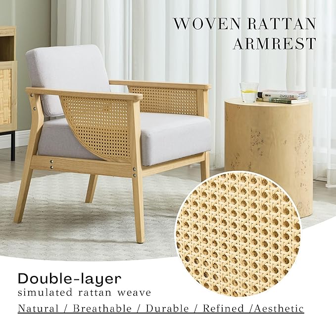Mid-Century Accent Chair Set of 2 Modern Rattan Armchair Linen Lounge Chair with Wood Legs Upholstered Leisure Chair for Living Room Bedroom Reception Room Grey
