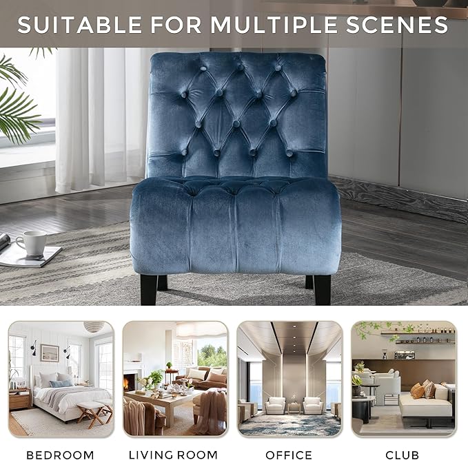 Accent Chair Living Room Reading Chairs Comfy Velvet Upholstered Mid Century Modern Accent Chair Tufted Back Armless Chair with Wooden Legs for Living Room Bedroom Office Light Blue