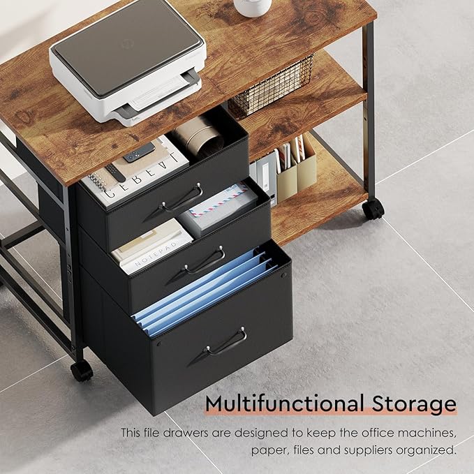 3 Drawer File Cabinet with Wheels Rolling Printer Stand with Open Storage Shelf Fabric Lateral Filing Cabinet for Home OfficeRustic Brown