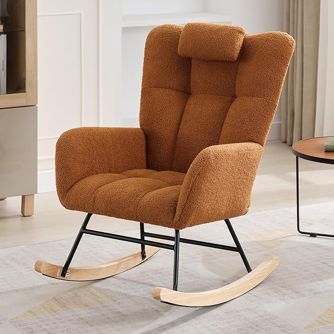 Nursery Rocking Chair Upholstered Padded Seat Rocking Chair with High BackrestModern Accent Recliner for Living Room Bedroom Cozy Reading