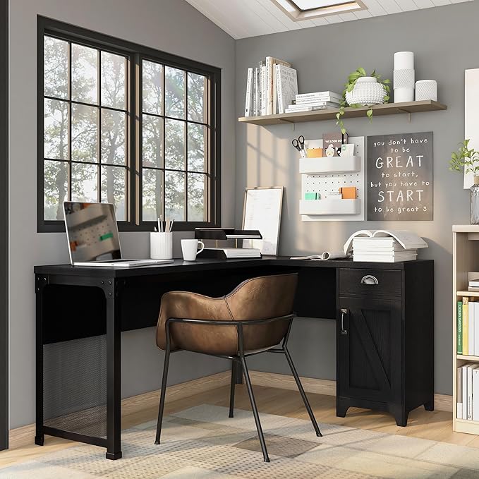 24/7 Shop at Home Holbrook Traditional 1 Drawer Wood L-Shaped Computer Desk with 2 Adjustable Shelves 1 Cabinet Door for Workstation Home Office Study Room Black