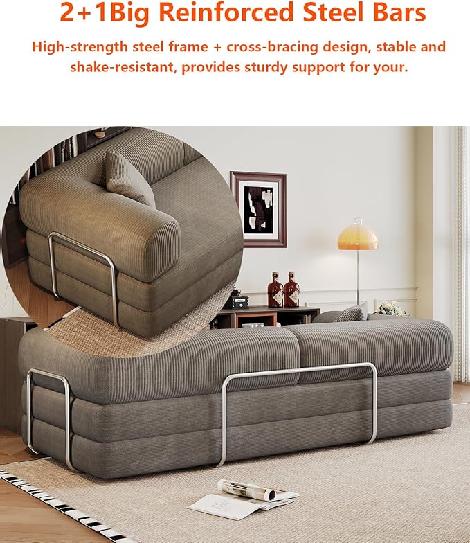 Convertible Sleeper Sofa Bed with Cylindrical Pillow 79 Inch Oversized Corduroy Upholstered Boneless CouchLove Seat Floor Sofas Living RoomSmall Space ApartmentOffice (Grey)