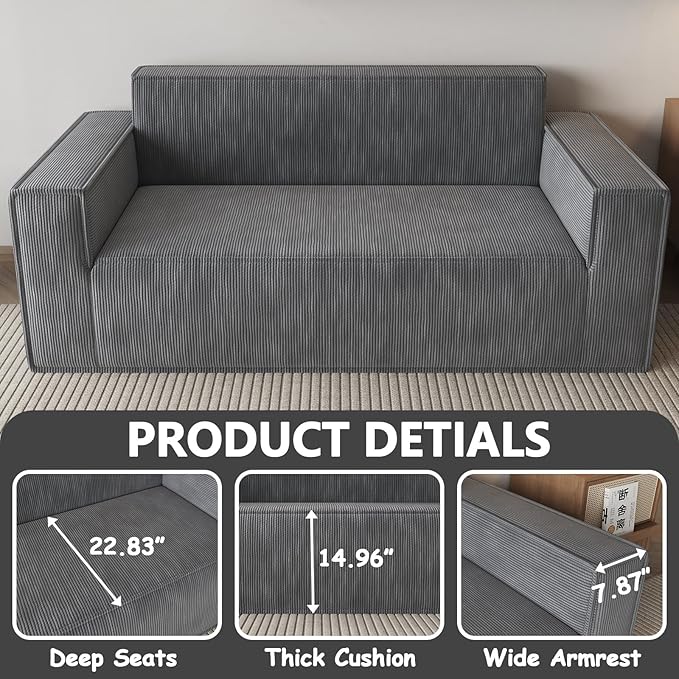 70 Grey Boneless Couches for Living Room Compressed Sofa Couch in a Box Corduroy Memory Foam Floor Couch for Adults Memory Foam Deep Seat No Assembly Required (Grey)