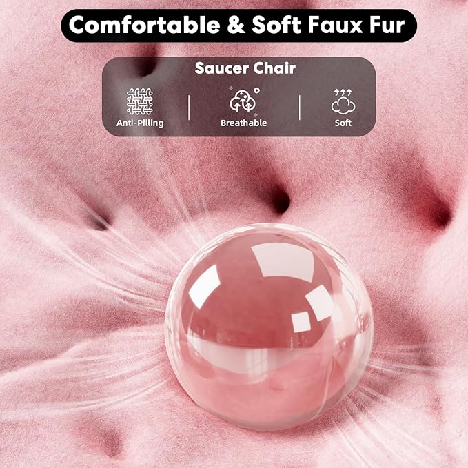 HealSmart Saucer Chair Comfy Faux Fur Folding Moon Chair with Metal Frame Cozy Round Chair Lounge Lazy Chair for Living Room Bedroom Adults Kids Teens Pink