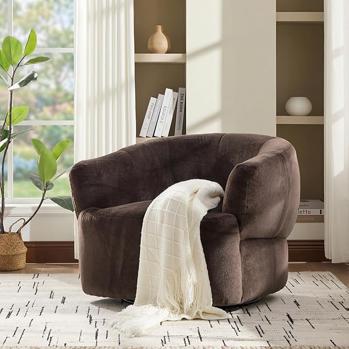 Christopher Knight Home Manie Plush Fabric 360° Swivel Accent Chair Solid Wood Living Room Swivel Barrel Chair Rotating Single Lounge Sofa Comfy Reading Armchair Dark Brown
