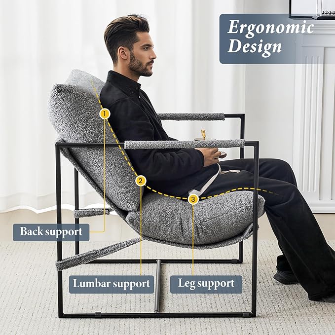 Furniliving Sling Accent Chair with Metal Frame Comfortable Boucle Fabric Arm Chair Upholstered Cozy Reading Chair for Living Room Bedroom Dressing Room Home Office Grey