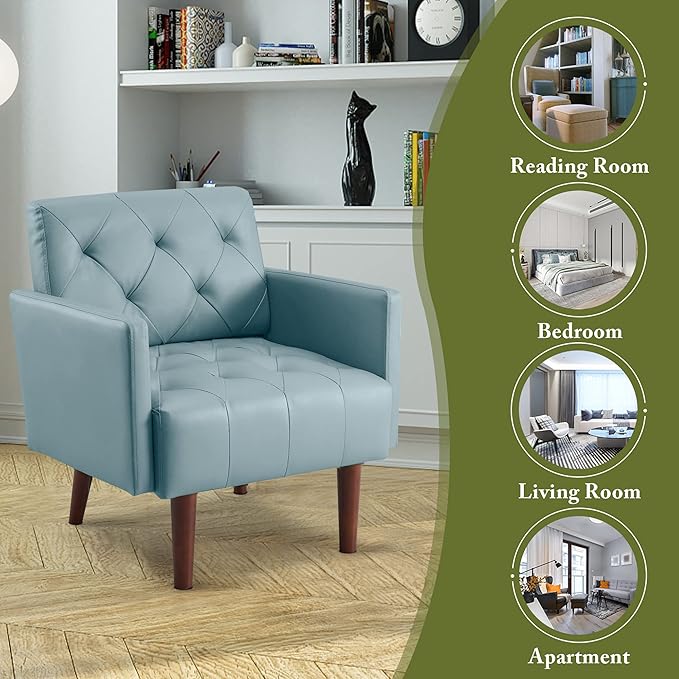 Faux Leather Accent Chair Modern PU Armchair Retro Tufted Upholstered Arm Chair Comfy Leather Club Chair Single Sofa for Living Room Bedroom Reading Room Apartment (Blue)