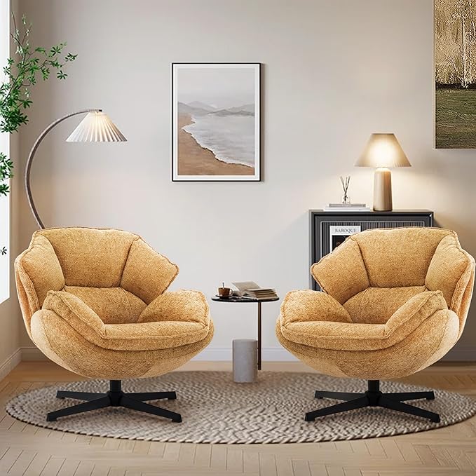 IWMH Swivel Accent Chair Set of 2 Upholstered Accent Chair Comfy Padded Cross Armchair Metal Frame &amp Wide Seat Lazy Chair Leisure Sofa Chair for Living Room Bedroom (Yellow*2)