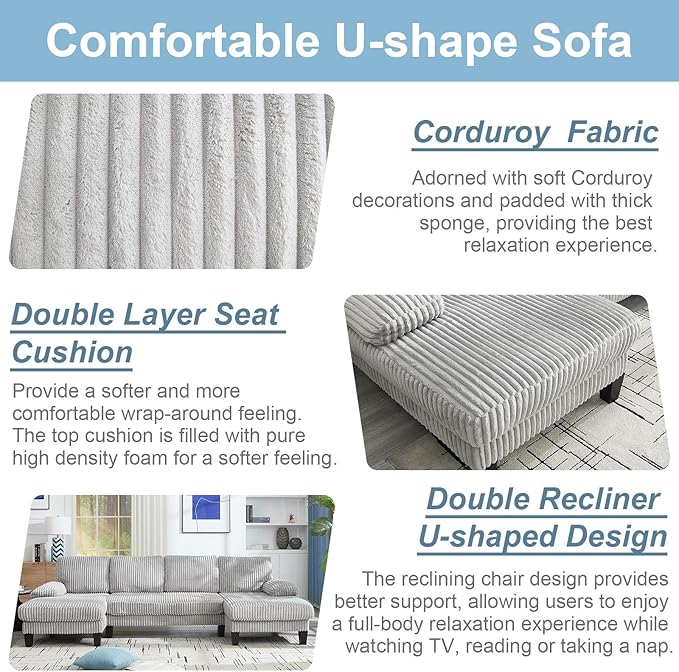 114 Cloud Couch Modular Sectional Sofa Convertible U-Shaped Couch with Double Chaise Lounge Corduroy Upholstery Sofa Double Cushions Deep Seat Sleeper Sofas Couches for Living Room Light Grey