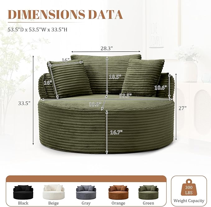 53W Oversized Round Chair Lounge Chaise Indoor Corduroy Comfy Circle Reading Armchair Upholstered Modern Cloud Boneless Chairs Cozy Floor Sofa Chair for Living Room Bedroom Apartment(Green)