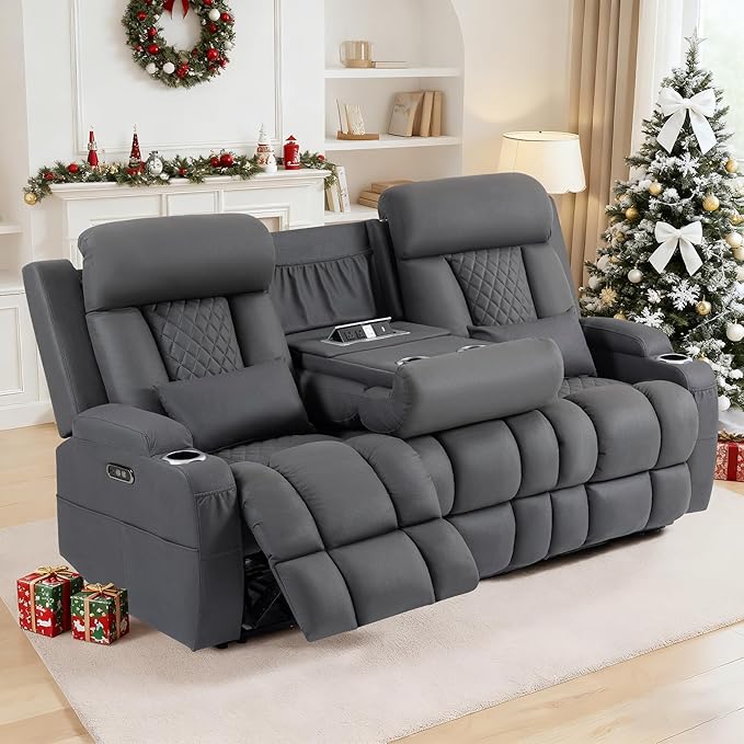 Wall Hugger Power Reclining Sofa with Manual Adjustable Headrests Electric Recliner Couch with Drop-Down Table Power Recliner Sofa 3-Seater with Charging Ports for Living Room (Grey)