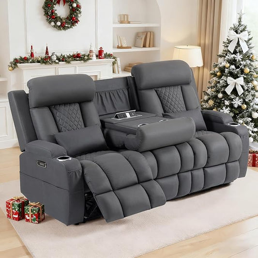 Wall Hugger Power Reclining Sofa with Manual Adjustable Headrests Electric Recliner Couch with Drop-Down Table Power Recliner Sofa 3-Seater with Charging Ports for Living Room (Grey)