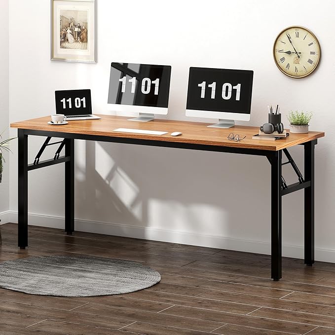sogesfurniture 62 inches Foldable Computer Desk No Assembly Sturdy Large Laptop Workstation for Home Office Modern Portable Folding Study Table Writing Gaming Desk for Small Spaces Teak Black