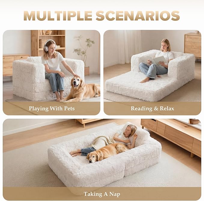 HABUTWAY Convertible Sofa Bed 3-in-1 Futon Sofa Bed with Pillow Foldable Pull Out Floor Sofa Bed with Removable Cover Plush Boneless Couch for Living Room/Bedroom/Dorm(TwinWhite)