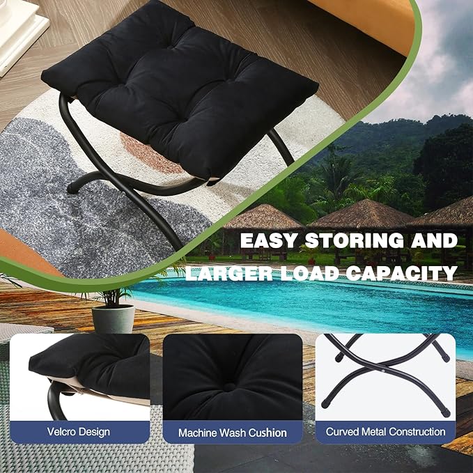 15 Foldable Foot Stool Ottoman with Metal Frame - Washable Black Upholstered Indoor/Outdoor Footrest for Living Room Bedroom Patio - Space-Saving Compact Design