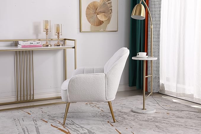 Modern Soft White Teddy Fabric Ivory Ergonomics Accent Chair Living Room Chair Bedroom Chair Home Chair with Gold Legs and Adjustable Legs for Indoor Home