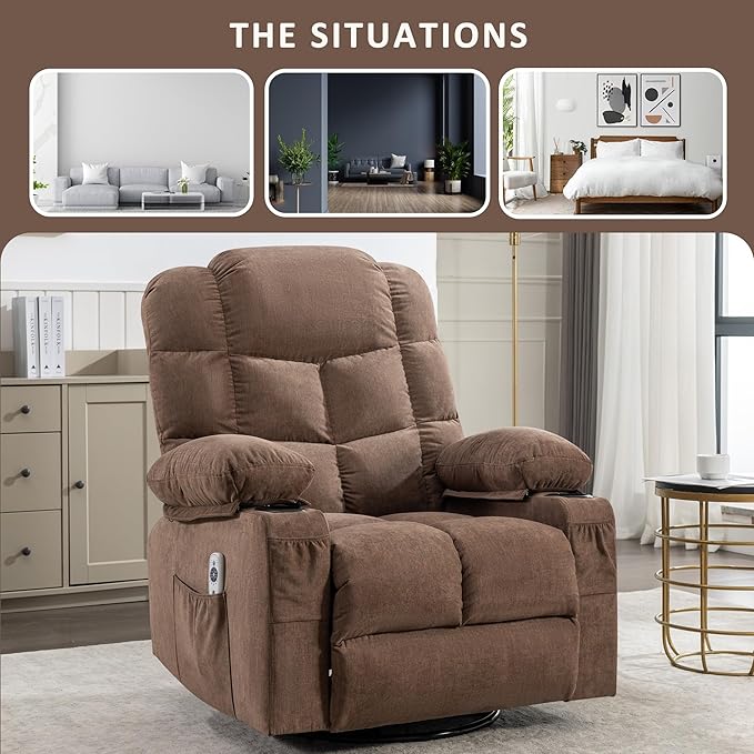 Massage Rocker Recliner Chair with Heat and Vibration Ergonomic Rocking Lounge Chair for Living Room Comfy with 2 Side Pockets 2 Cup Holders USB Charge Port (Brown)