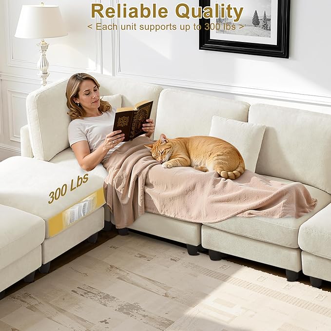 121'' 7-Seater Modular Sectional Upholstered Couches Chenille Cloud Couch with Movable OttomanL/U-Shape Modern Sofa for Living RoomBeige