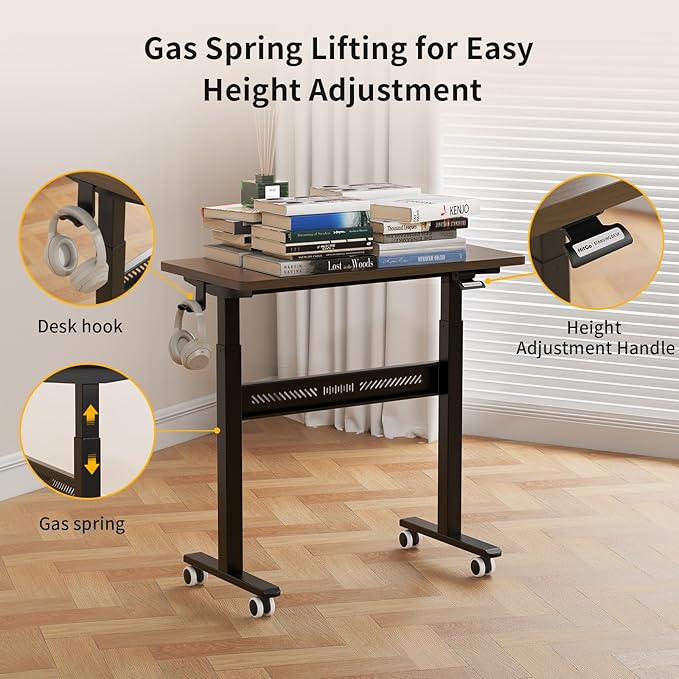 Mobile Standing Desk with Wheels 32 inch Pneumatic Height Adjustable Desk for Walking Pad Small Rolling Computer Workstation Portable Sit Stand Desk for Home Office 28-43 Tall Mahogany