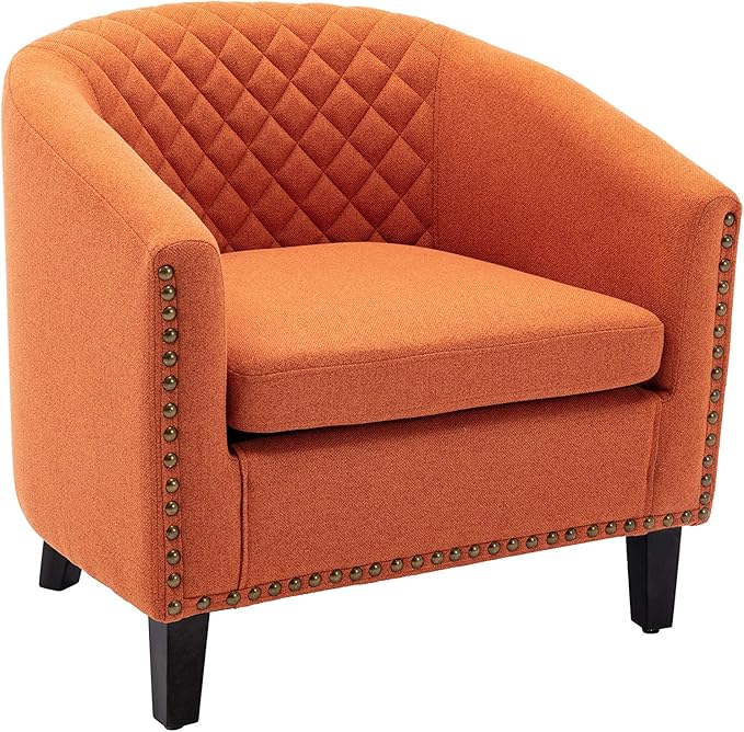 Accent Barrel Chair Living Room Chair with Nailheads and Solid Wood Legs Orange Linen