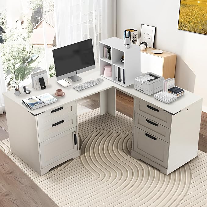 L-Shaped Executive Desk with Power Outlets 60 Wood Home Office Computer Table with 5 Drawers and Locking Adjustable Storage Chest Corner Standing Writing Desks with Metal Handles (Light Gray)