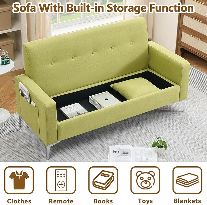 57 Green Loveseat Sofa with Storage Modern Love Seat Couches with Comfy Pillow &amp Side Pocket/Metal Legs Cozy Small Sofas for Small Spaces Living Room Bedroom Office Dorm (Blue) (Green)