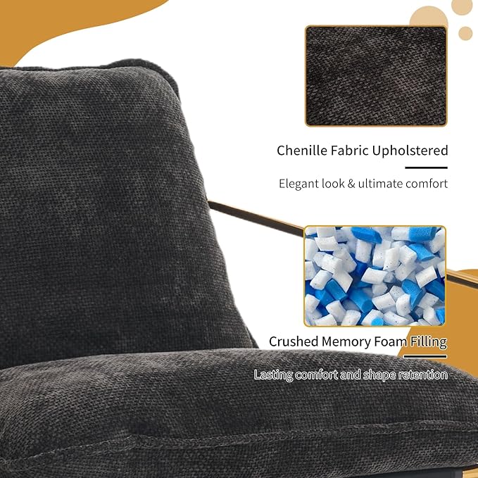 Modern Sling Accent Chairs Set of 2 Grey Chenille Fabric Living Room Chairs Set of 2 Reading Chair for Bedroom Corner Side Arm Chair Armchair Sillas para Sala Gold Metal Frame (Grey)