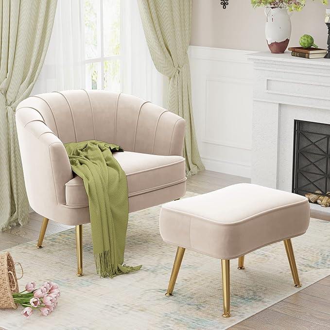 Velvet Accent Chairs with Ottoman for Living Room Bedroom Office Leisure Upholstered Single Sofa Chair Arm Chair Comfy Chair Reading Club Coffee Chair with Metal Legs Beige