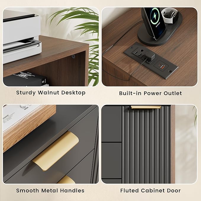 Home Office Standing Desk Set Fluted Cabinet with 3 Drawers and Door 47.2 x 26 Electric Stand Up Table with Storage Rolling Printer Stand on Wheels Mobile Black Walnut