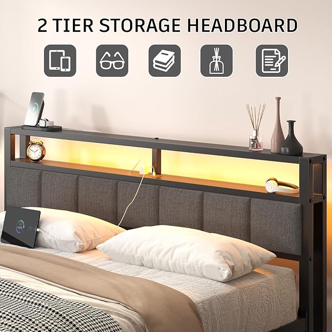 King Size Bed Frame with LED Lights and Charging Station Wood Storage Headboard with 2-Tier Shelves Heavy Duty Metal Slats No Box Spring Need Noise Free Easy Assembly Light Grey