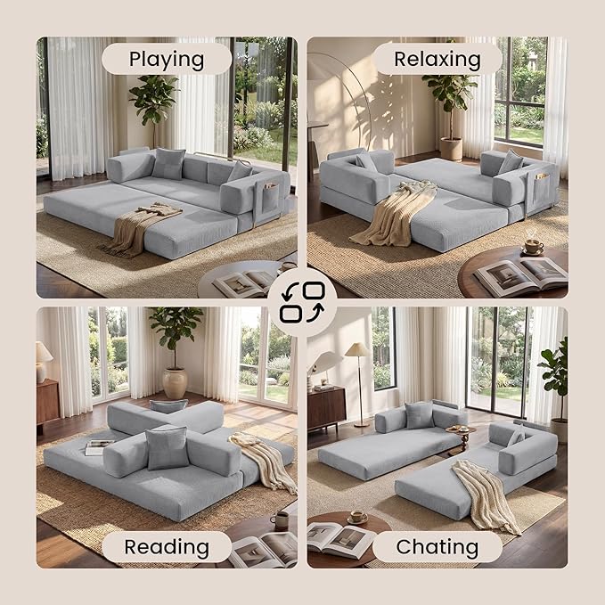 Belhome 78.8 Convertible Sofa Bed Futon Sofa Bed with Side Pocket Corduroy Pull Out Futon Sofa Boneless Couch for Living RoomsNo Assembly Required Pewter