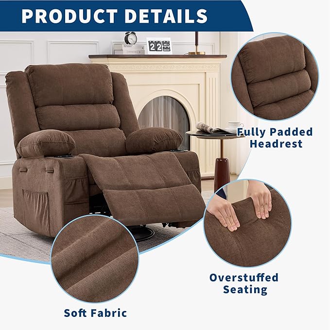 360° Swivel Recliner Chair for Adult Linen Rocker Chair with 3 Positions/2 Side Pockets/Cup Holders Manual Nursery Glider Rocking Chair for Bedroom Living Room Office