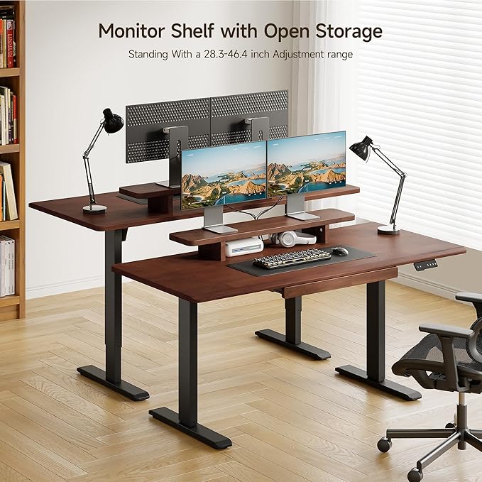 ONBRILL Standing Desk with Drawer 55x23.6 Inches Solid Wood Desktop Stand Up Desk with Whole-Piece Board and Storage Shelf Adjustable Height from 28-46 Inches for Home &amp Office Black Walnut