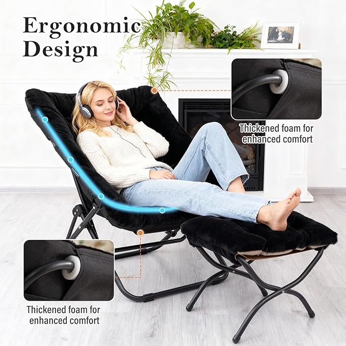 Oversized Folding Faux Fur Chair with Ottoman X-Large Soft Saucer Chair Foldable Metal Frame for Bedroom Living Room Balcony (Black)