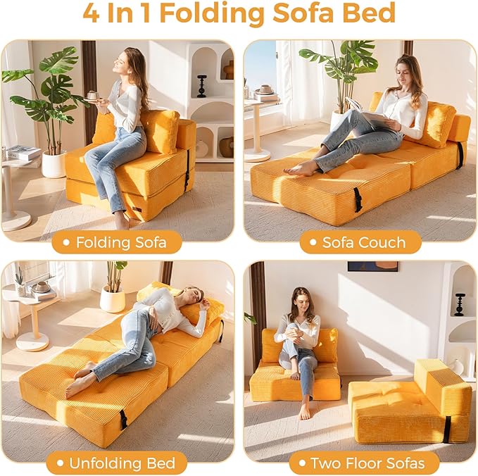 MAXYOYO Folding Sofa Bed Convertible Sofa Bed with High-Density Support Foam Portable 4 in 1 Fold Out Chair to Floor Lounger Versatile Floor Couch for Living Room Bedroom Orange