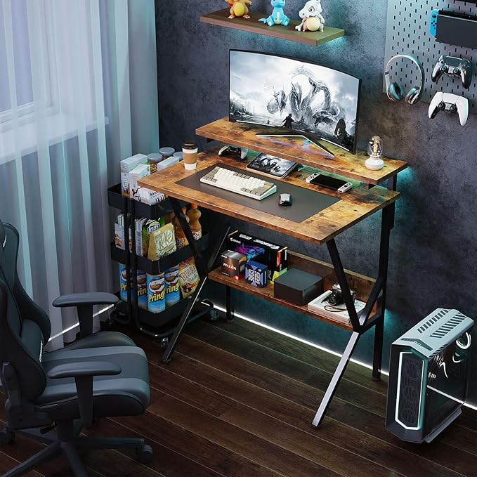 COTUBLR Small Desk 27.5 Inch Small Computer Desk for Small Spaces Computer Desk with Adjustable Monitor Stand Compact Desk with Storage Tiny Desk Study Desk for Bedroom Home Office Rustic Brown