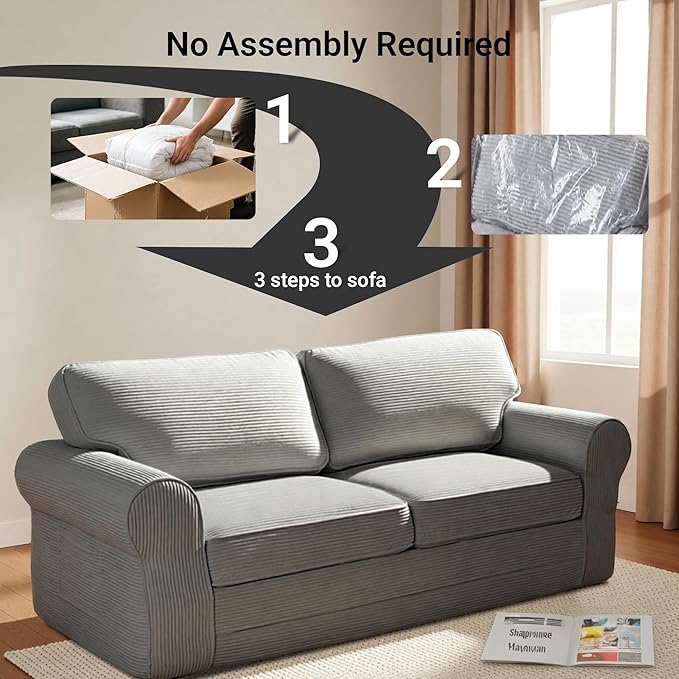 Claiks 83 Corduroy Loveseat Sofa for Living Room Boneless Sofa with Wide Rounded Armrest Deep Cushioned Couch with Lock-Stitched Edges Skin-Friendly Cloud Couch White Light Grey | Corduroy Bone