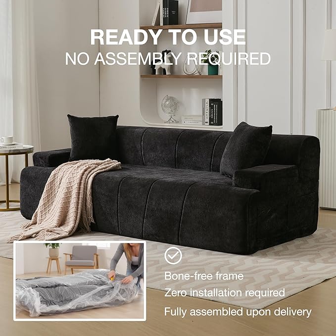 82.7 Modern Velvet Boneless Couch Ultra Comfy 3-Seater Sofa for Living Room Bedroom Home Office No Assembly Required (Black)