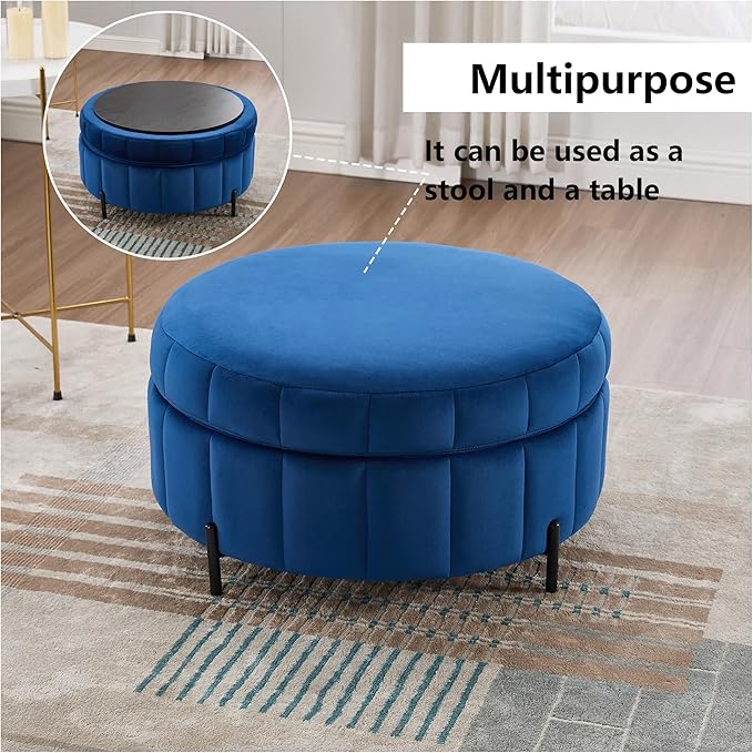 Navy Round Ottoman with StorageReversible Lid Upholstered Ottoman Coffee Table 31.5Circle Foot Stool for Living RoomBedroom