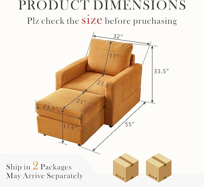 Aoiy &amp Wifon Accent Chair with Ottoman Upholstered Reading Chair with Ottoman Comfy Armchair with Wooden Legs Corduroy Orange